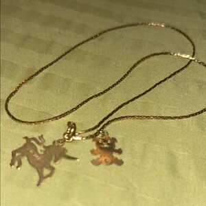 Gold Tone Unicorn & Teddy Charm Necklace - Women’s Necklace